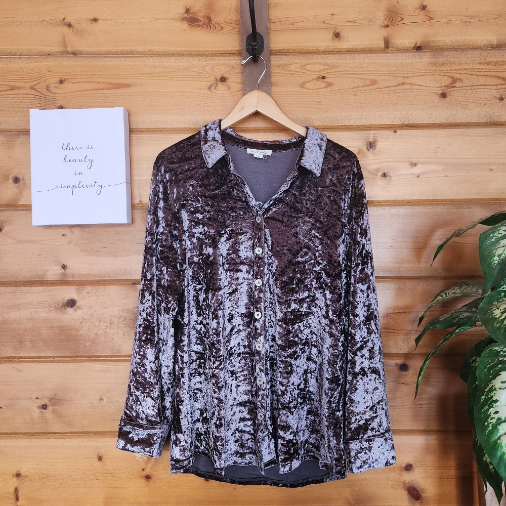 Simply Noelle Crushin It Velvet Top Floral Embroidered Button Down Shirt Sz L/XL